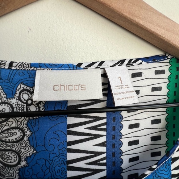 CHICOS 1 M Bandana Patchwork Roll Tab 3/4 Sleeve Blouse Satin Tapestry Scarf - Picture 6 of 11